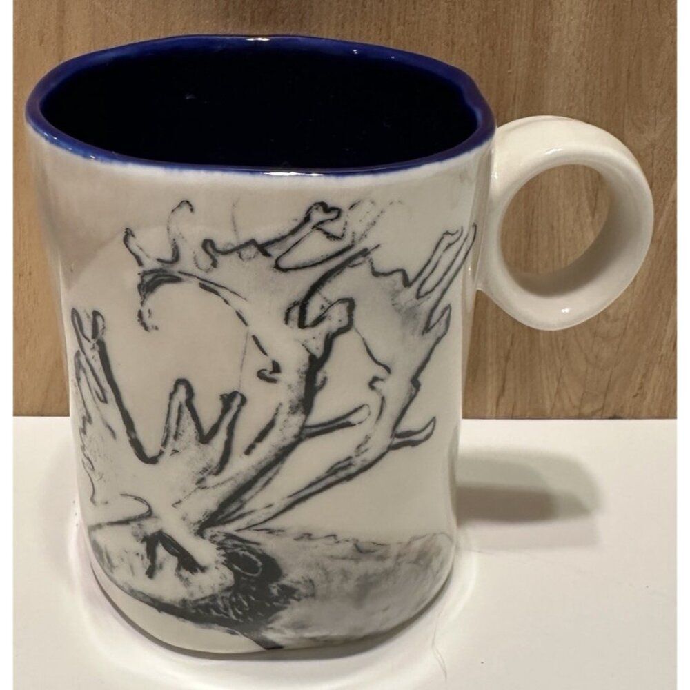 Anthropologie Elk Deer Moose Blue Northwood Ceramic Tea Coffee Cup Mug 12 oz